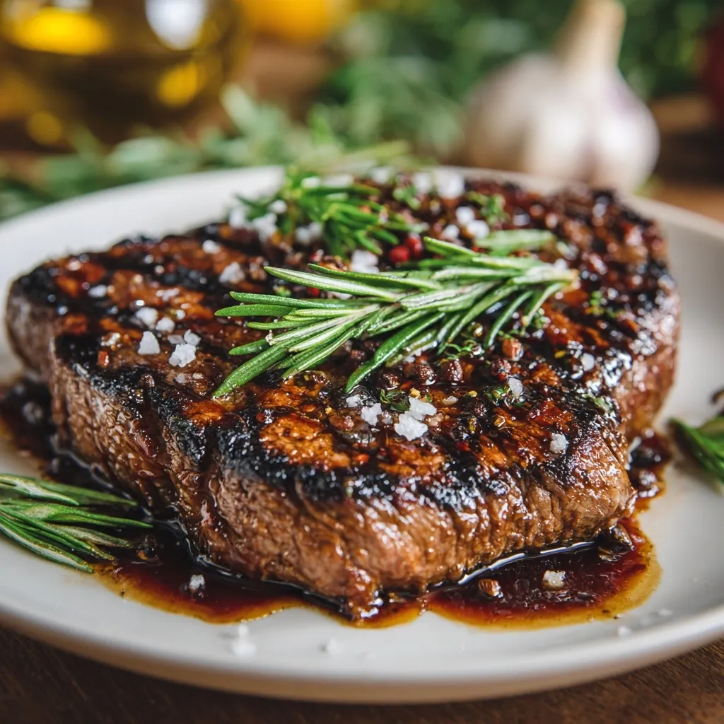 A perfectly grilled steak rests on a white plate, glistening with a rich, dark sauce.  Sprinkled with sea salt and peppercorns, and garnished with fresh rosemary sprigs, the steak's char marks are visible, hinting at its juicy interior.  The image suggests a delicious and sophisticated meal.