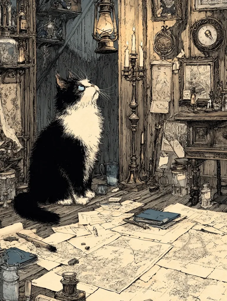 A tuxedo cat sits amidst a cluttered, antique-filled room, gazing upward.  Maps and papers are strewn across a wooden floor, surrounded by antique scientific instruments, candles, and an oil lamp. The room evokes a sense of mystery and old-world charm, with its dark wood and detailed illustrations. The overall scene is richly detailed and evocative.