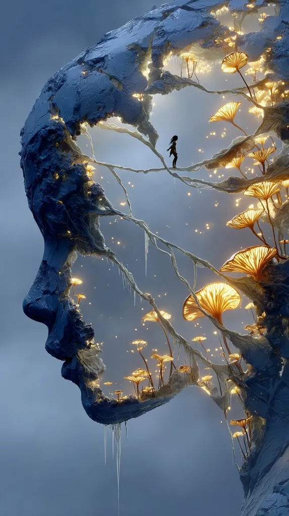 A digital art piece depicts a profile view of a fractured, stone-like head.  Inside, a miniature landscape unfolds, featuring glowing, bioluminescent mushrooms and a small, solitary figure.  The overall aesthetic is ethereal and dreamlike, suggesting an inner world or subconscious realm.  The cool tones of the head contrast with the warm light of the internal scene.