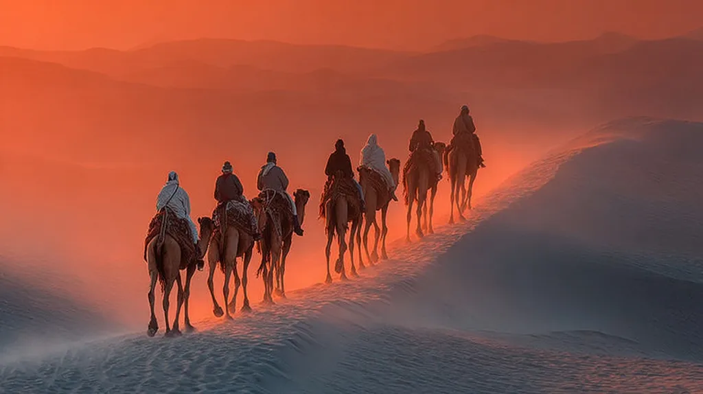 A caravan of camels, each carrying a rider, traverses a sandy desert landscape under a fiery sunset.  The silhouettes of the riders and camels are stark against the vibrant orange sky.  Dust trails behind the animals as they make their way across the undulating dunes, creating a dramatic and atmospheric scene. The overall impression is one of journey, solitude, and the vastness of the desert.