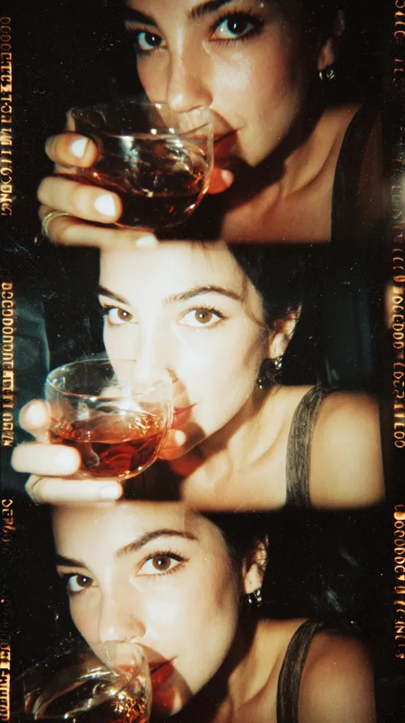 A triptych of Polaroid-style photographs features a young woman with dark hair and expressive eyes.  Each image shows her sensuously holding a small glass of amber liquid, likely an alcoholic beverage. The photos are slightly out of focus, adding to their intimate, candid feel. The dark background and warm lighting emphasize her features, creating a mood of mystery and allure.