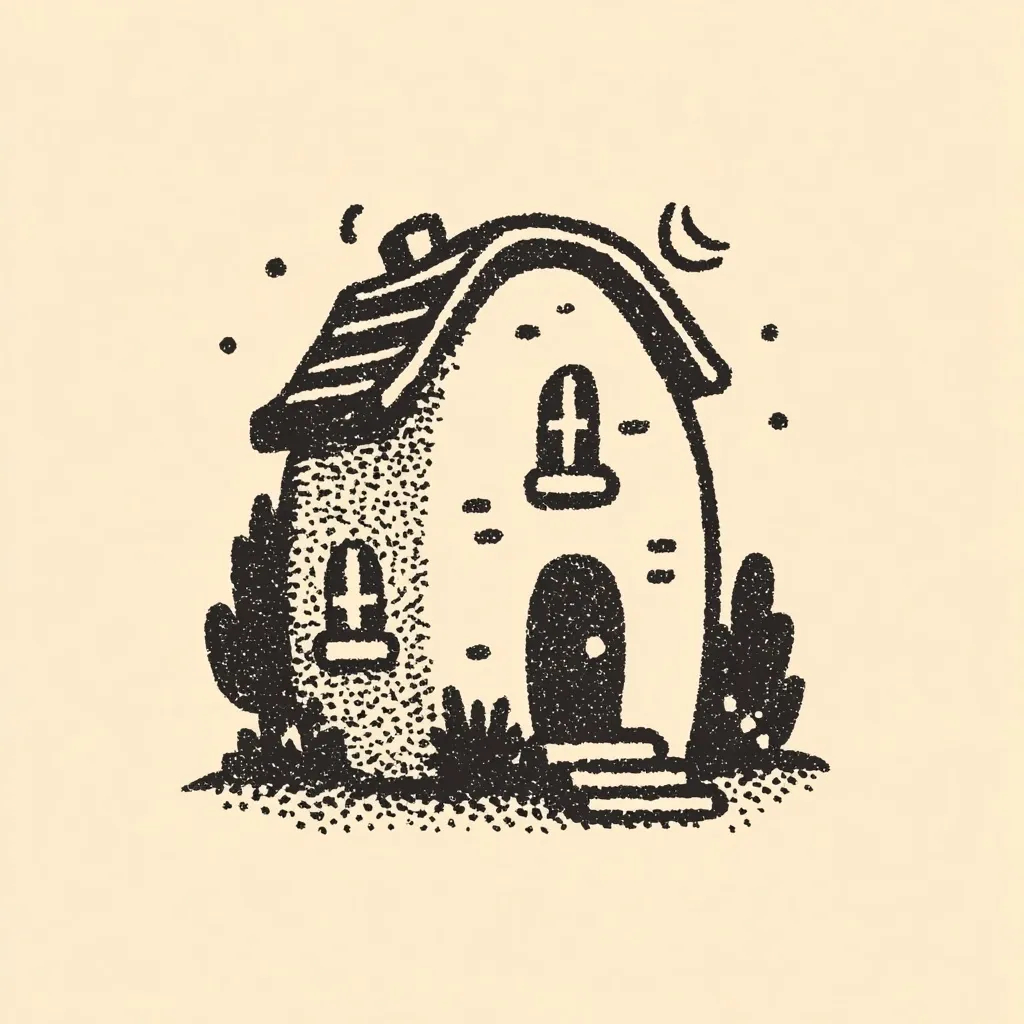 A whimsical black and white illustration depicts a small, uniquely shaped house.  The house, rendered in a stippled style, features a curved roof, small windows with crosses, a simple door, and a tiny staircase.  Small shrubs flank the house, and a crescent moon hangs in the sky above. The style suggests a tattoo design or vintage print.  The overall impression is charming and slightly mysterious.