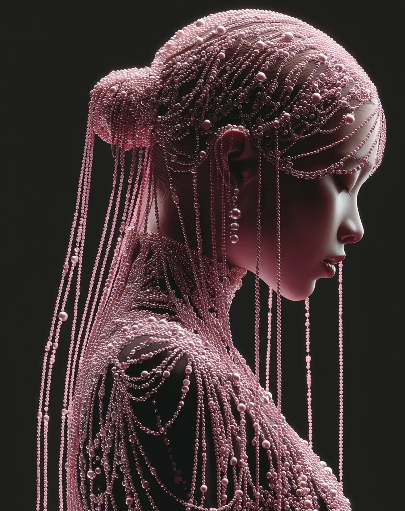 A digital rendering showcases a woman adorned in an elaborate pink beaded ensemble.  The intricate design features a headpiece and cascading strands of pearls that drape over her shoulders and down her back, forming a striking, almost ethereal, silhouette against a dark background. The woman's profile is visible, highlighting the exquisite detail of the jewelry.  The overall effect is one of elegant, otherworldly beauty.