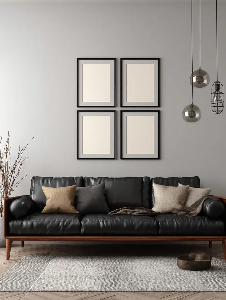 A modern living room features a black leather sofa with wooden legs, adorned with neutral-toned throw pillows and a blanket.  Above the sofa, four square black framed pictures hang on a light grey wall. Three industrial-style pendant lights hang from the ceiling, adding to the minimalist aesthetic. A light grey patterned rug sits beneath the sofa, completing the serene and stylish space.