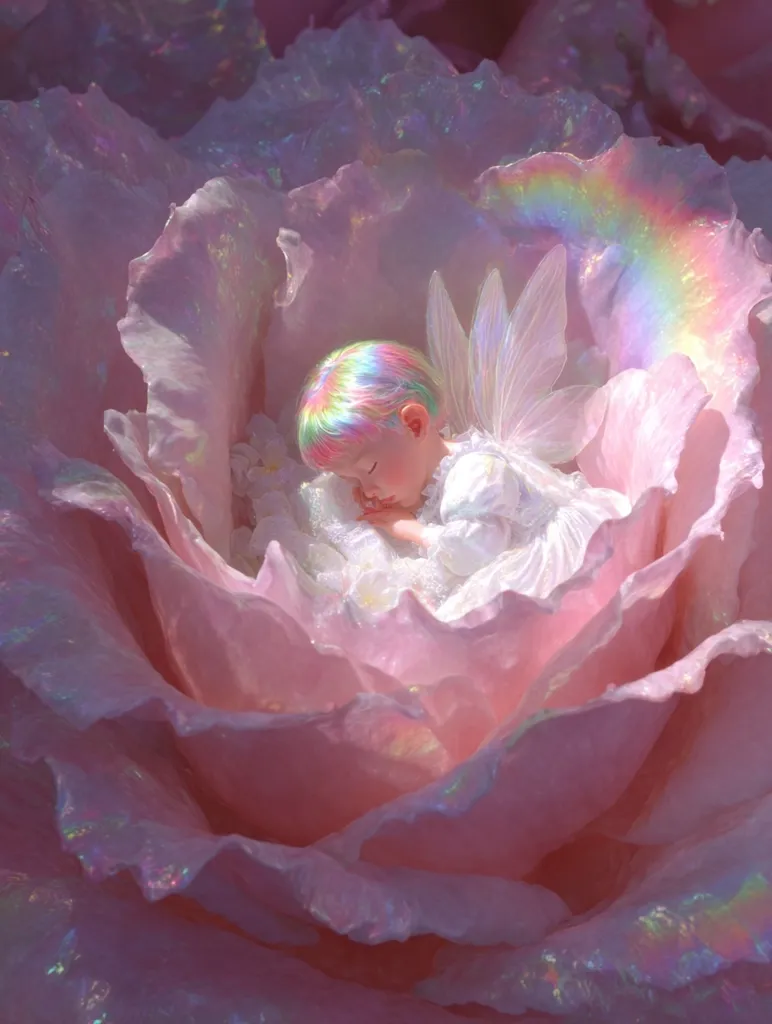 A tiny fairy with iridescent rainbow hair sleeps nestled within a giant, pearly pink rose.  Delicate, translucent wings rest beside her as a miniature rainbow arcs overhead. The scene is ethereal and dreamlike, bathed in soft, pastel light. The rose's petals are smooth and luminescent, creating a magical, enchanted setting.
