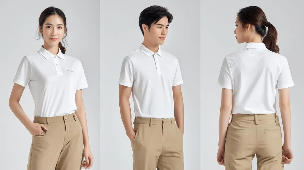 The image shows three individuals modeling simple, yet stylish, white polo shirts paired with light brown trousers.  A woman and a man are shown from the front, showcasing the fit and design of the shirts. A woman is also shown from behind, demonstrating the shirt's back view.  The clothing appears to be comfortable and suitable for casual or professional settings.