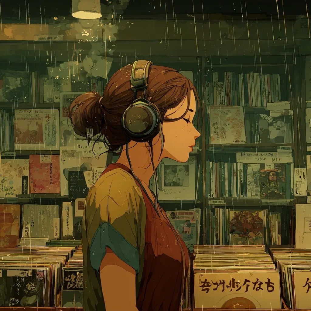A young woman with headphones stands in a rain-soaked bookstore, surrounded by shelves overflowing with books and vinyl records.  She has her eyes closed, seemingly lost in her music. The warm interior lighting contrasts with the cool, rainy atmosphere outside.  The scene evokes a feeling of quiet contemplation and nostalgic charm. Rain streaks the windows, adding to the serene ambiance.