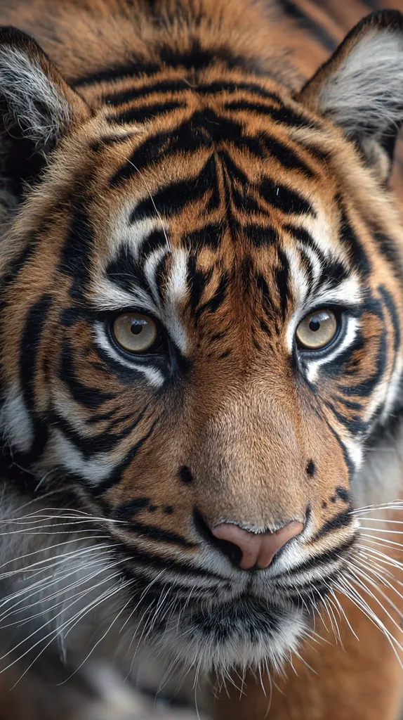 A close-up reveals the intense gaze of a Sumatran tiger.  Its striking orange and black stripes are sharply defined, contrasting with the pale, almost white whiskers that frame its face. The tiger's amber eyes hold a captivating depth, and its pink nose adds a touch of softness to the overall powerful image. The focus is intensely on the tiger's features, creating an intimate and awe-inspiring portrait.