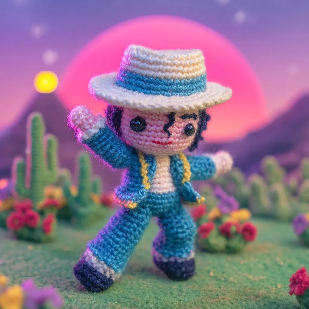 A crocheted amigurumi of Michael Jackson in his iconic Thriller outfit is posed mid-dance against a whimsical desert backdrop.  The setting sun casts a warm, pink glow.  The miniature figure is detailed with a hat, jacket, and pants, all meticulously crafted.  The vibrant colors and charming style create a playful and nostalgic scene.