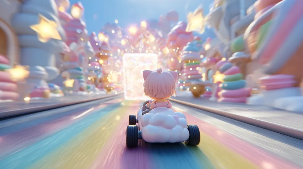 A cute pink cartoon character with cat ears drives a cloud-shaped kart down a pastel rainbow road.  The track is lined with whimsical, candy-colored buildings and sparkling lights. A bright, glowing portal awaits at the end of the path, creating a magical and dreamy atmosphere.  The overall scene is vibrant, playful, and suggestive of a sweet fantasy world.