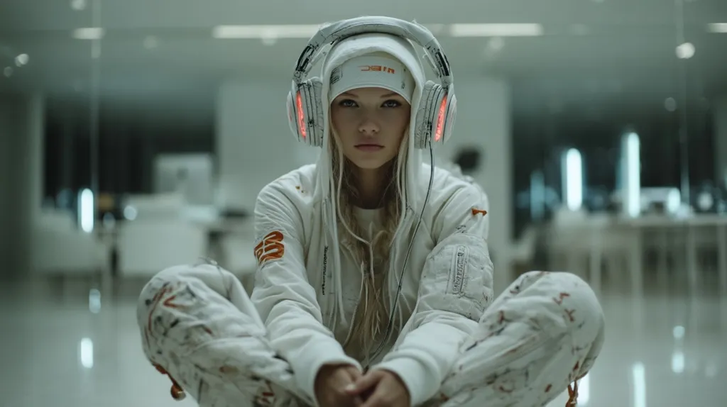 A young woman with long blonde hair sits cross-legged on a polished floor, wearing a white hoodie and pants splattered with paint.  She's focused intently, wearing large white headphones with orange accents. The setting is a minimalist, modern office space with a blurred background.  Her expression is serious and her gaze is direct.