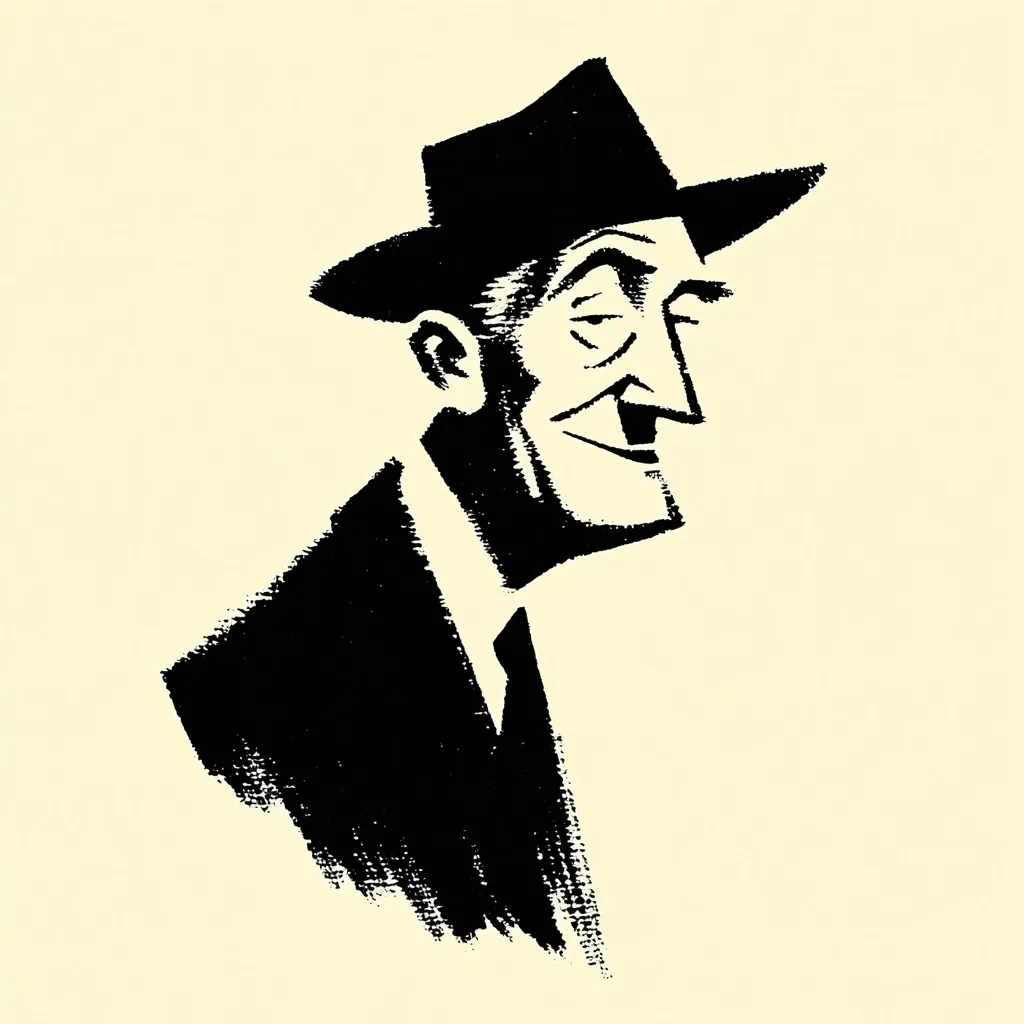 A stylized black and white illustration of a man in a fedora.  The man is depicted from the chest up, his head turned slightly to his right. He has a confident, almost sly smile. The artwork features bold, expressive brushstrokes, giving it a vintage or retro feel, possibly reminiscent of mid-20th-century illustration styles. The background is a pale yellow.