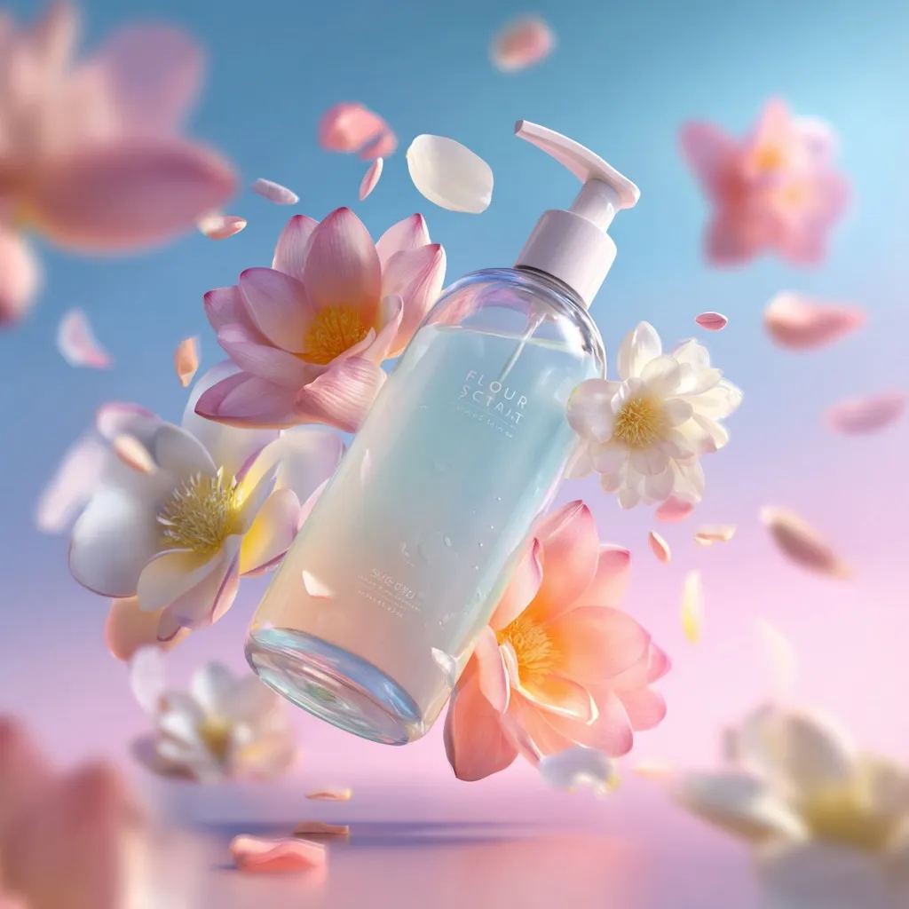 A pump bottle of "Flour Scents" body wash floats amidst falling pink and white lotus flower petals against a soft, pastel background.  The bottle is transparent, showcasing a light blue liquid.  The overall aesthetic is serene and elegant, emphasizing the product's floral fragrance.  The image suggests freshness and femininity.