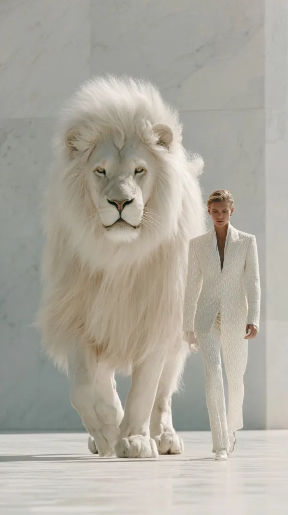 A majestic white lion, its thick mane flowing, walks majestically toward the viewer.  Beside it, a woman in a pristine white pantsuit follows, her posture mirroring the lion's steady gait.  The monochromatic palette of white and off-white creates a striking contrast against the clean, marble-like background. The image evokes a sense of power and elegance, a harmonious blend of nature and haute couture.
