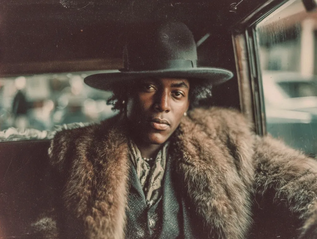 A young Black man with dark curly hair sits in a vintage car, wearing a dark fur coat and a black fedora.  His expression is serious and contemplative. The image has a grainy, vintage aesthetic, evoking a sense of mystery and perhaps a period piece. The background is blurred, showing a city street through the car window.  The overall mood is somber and stylish.