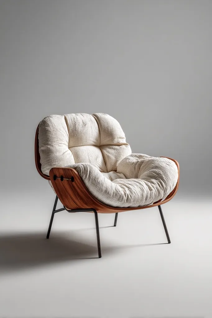 A modern armchair with a unique design is showcased against a minimalist gray backdrop.  The chair features a curved wooden frame in a warm reddish-brown hue, supporting a generously padded off-white cushion with a subtly textured surface. Slender black legs provide a sleek contrast. The overall style is contemporary and comfortable, emphasizing clean lines and soft textures.