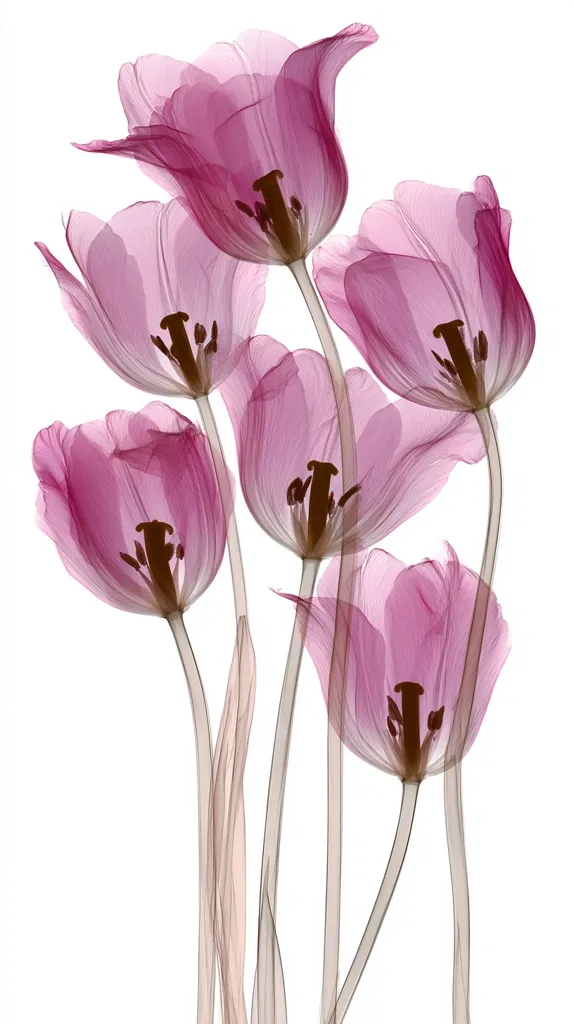 An X-ray-like image showcases a cluster of six pink tulips.  Their delicate petals and stems are rendered translucent, revealing intricate internal structures. The soft pink hues and ethereal quality create a visually captivating and artistic representation of the flowers. The background is pure white, emphasizing the flowers' delicate beauty.
