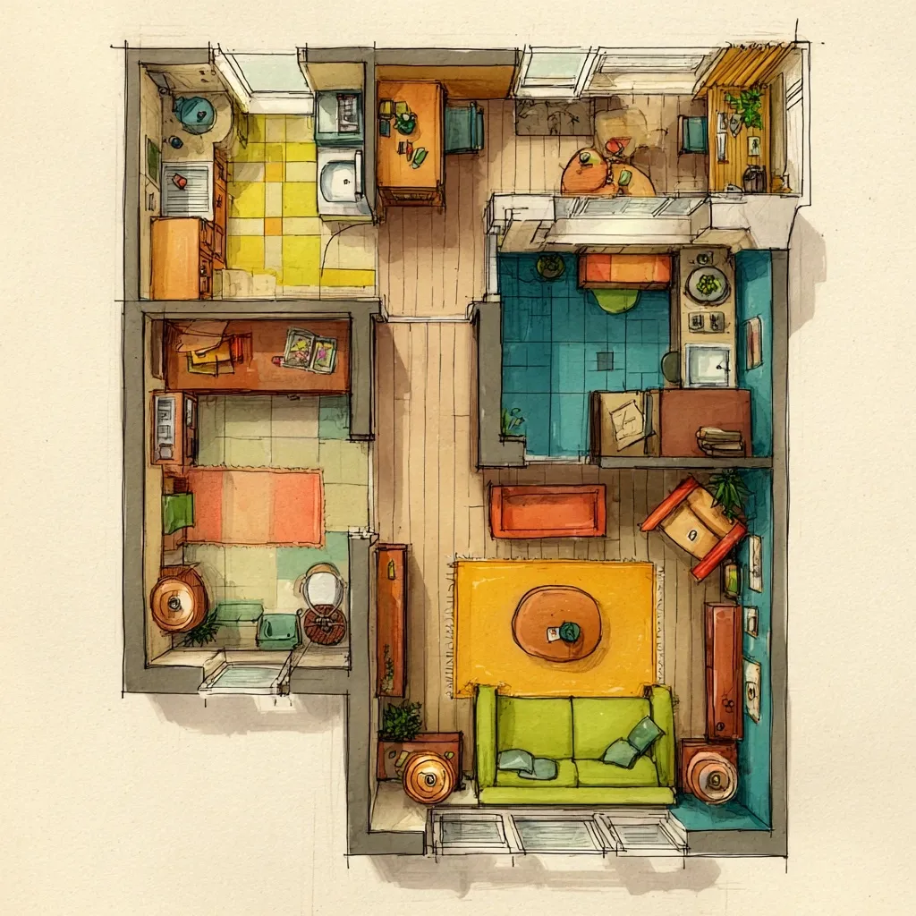 A hand-drawn floor plan depicts a cozy apartment.  The layout includes a compact kitchen with yellow tiled floor, a teal-tiled bathroom, and a living area with a lime green sofa and orange rug.  A small workspace or study area is tucked away, and a balcony with plants adds a touch of nature.  The overall style is whimsical and colorful, using warm tones and sketched details.