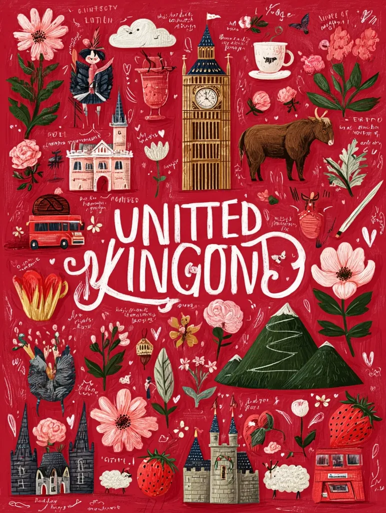 A vibrant illustration celebrates the United Kingdom.  Against a rich red background, iconic imagery—Big Ben, a double-decker bus, a Scottish Highland cow, Windsor Castle, and Welsh mountains—is playfully interwoven with flora, fauna, and whimsical characters.  The design is densely packed with charming details, creating a joyful and evocative visual representation of British culture and landscapes.  The word "UNITED KINGDOM" is prominently displayed, unifying the diverse elements.