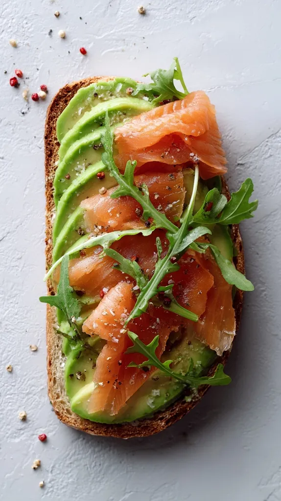 A gourmet open-faced sandwich is presented on a light gray surface.  Toasted bread is topped with mashed avocado, slices of smoked salmon, and fresh arugula.  A sprinkle of pink peppercorns adds a touch of color and spice. The image highlights the vibrant greens and oranges of the ingredients, creating an appetizing visual.
