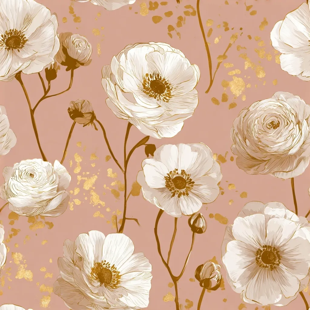 A seamless pattern features delicate white anemones and ranunculus blossoms on a blush pink background.  Gold accents, resembling splatters of paint, add a touch of luxury.  The flowers are intricately detailed, creating an elegant and sophisticated floral design. The style is reminiscent of botanical illustrations, with a modern twist.