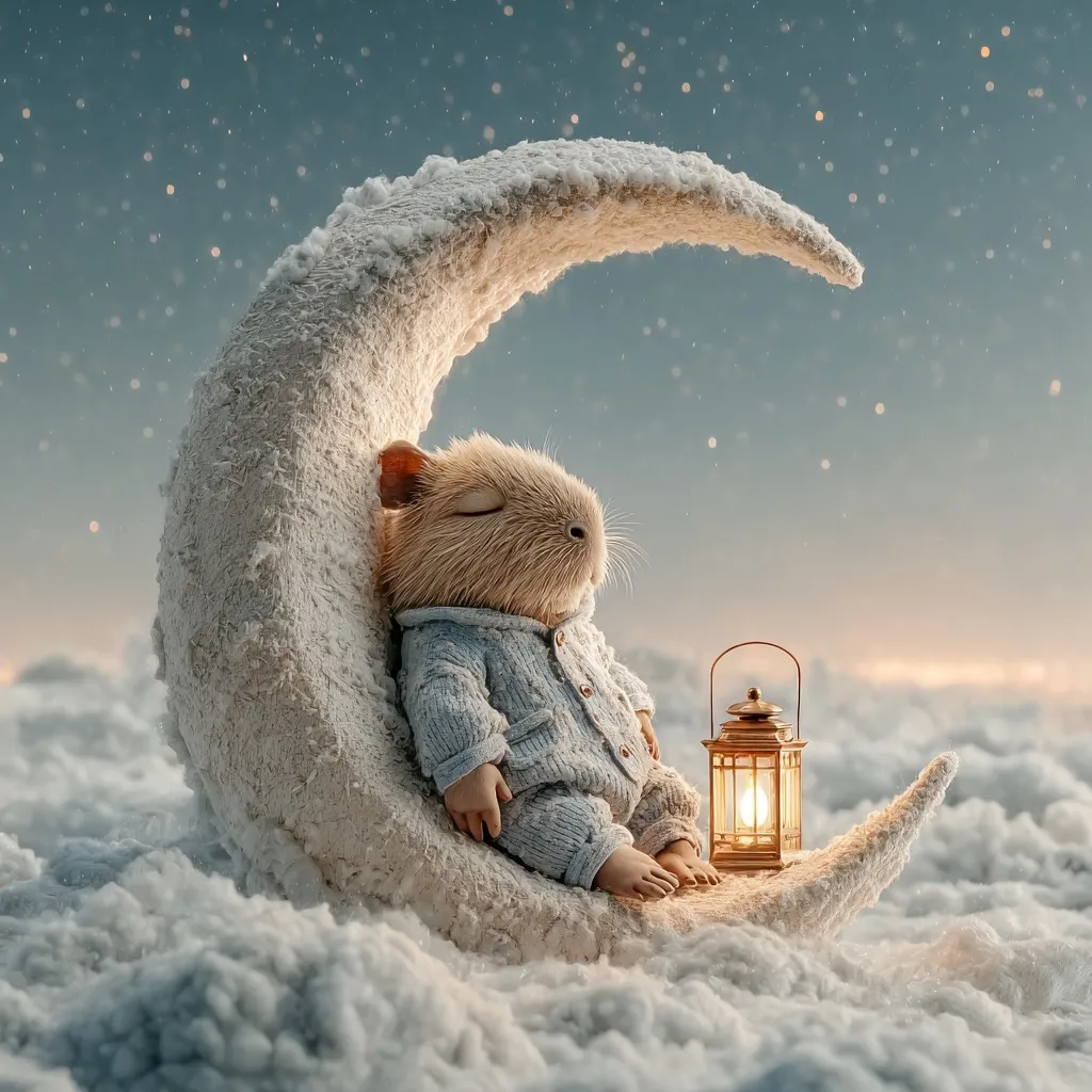 A whimsical illustration depicts a capybara, dressed in light blue pajamas, peacefully sleeping on a snow-dusted crescent moon.  A small, glowing lantern sits beside it. The moon rests on a fluffy cloud layer, under a twilight sky speckled with stars. The scene evokes a feeling of serene tranquility and magical dreams.