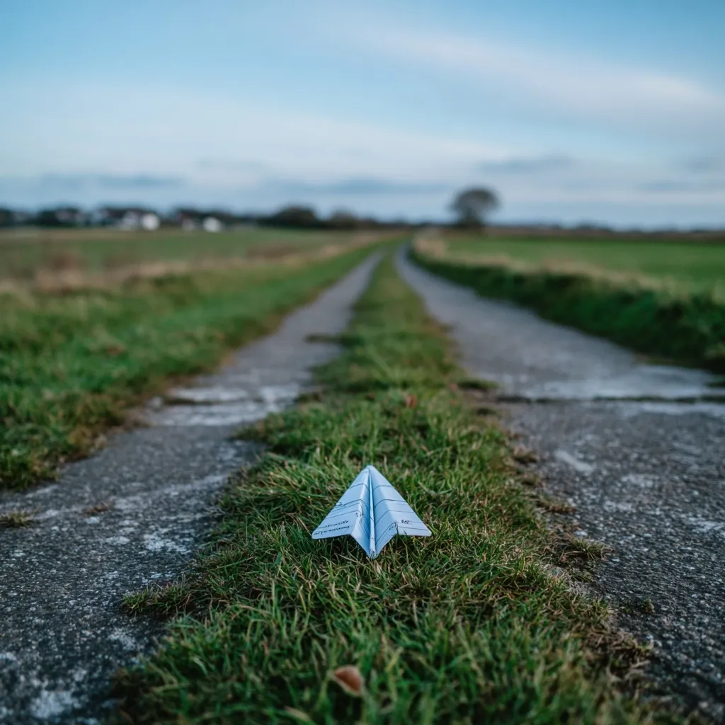 A paper airplane rests in the grass beside a long, narrow country lane. The lane stretches into the distance, disappearing towards a blurred horizon of fields and a distant tree line under a clear sky.  The focus is sharply on the small paper plane, emphasizing its potential for journey. The overall scene evokes a sense of travel, adventure, and open possibilities.