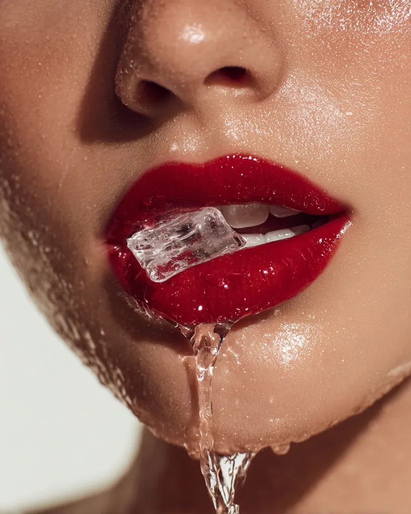 Close-up of a woman's face with vibrant red lips.  She holds an ice cube between her lips, with melting water dripping down her chin.  Her skin is glistening with moisture, creating a sensual and refreshing image. The overall aesthetic is one of beauty and coolness.