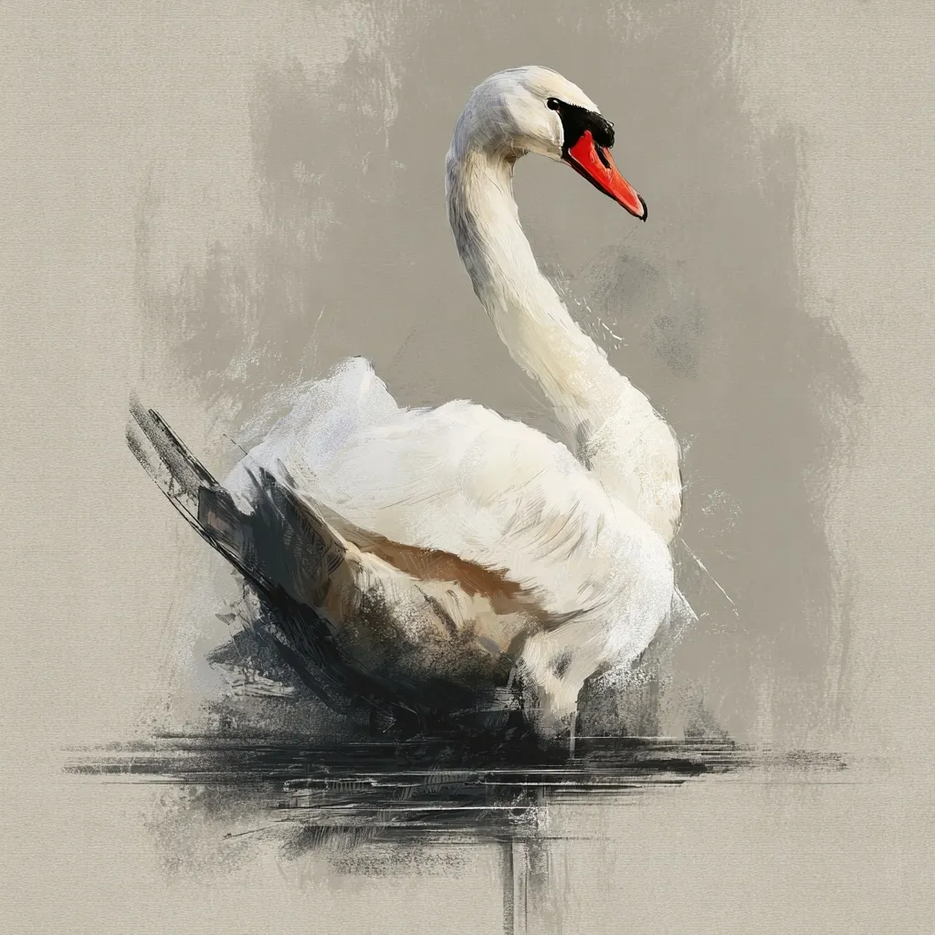 A stylized painting depicts a graceful white swan with a vibrant orange beak. The swan's elegant posture is captured in a loose, impressionistic style, with visible brushstrokes creating a sense of movement and texture.  The background is a muted grayish-beige, contrasting with the swan's bright plumage.  The dark, expressive strokes at the base suggest water, grounding the elegant bird.