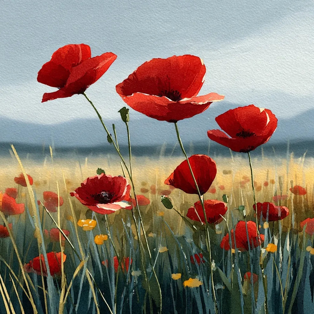 A watercolor painting depicts a vibrant field of red poppies under a soft, hazy sky.  Several poppies are prominently featured in the foreground, their bright red petals contrasting beautifully against the muted greens and golds of the swaying grasses.  The background suggests a vast, tranquil landscape, enhancing the overall serene and picturesque feel of the artwork. The painting evokes a sense of calm and natural beauty.