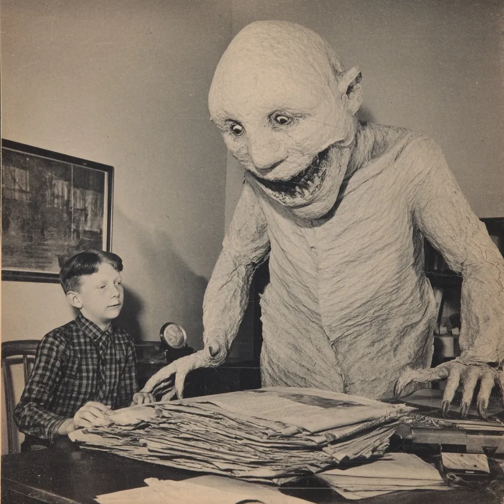 A monochrome photograph captures a young boy seated at a desk, seemingly engrossed in a stack of newspapers.  Towering over him is a large, unsettling figure crafted from what appears to be papier-mâché, its grotesque features—a bald head, wide eyes, and a gaping grin—creating a surreal and slightly frightening contrast with the boy's calm demeanor. The scene evokes a sense of whimsical horror, suggesting a narrative of playful interaction with a monstrous creation.