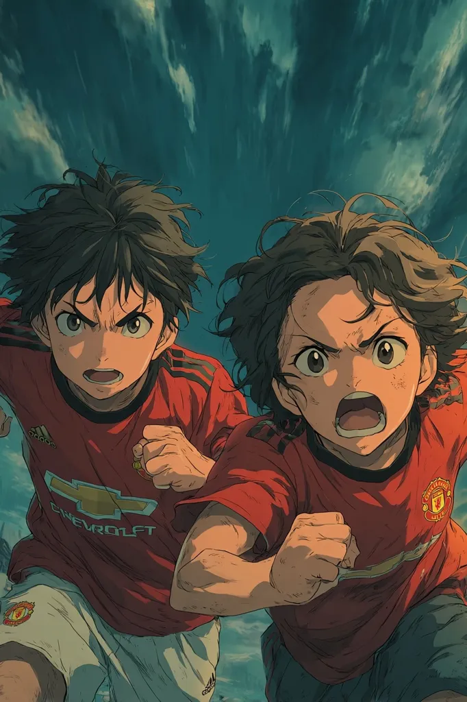 Two animated boys, intensely focused, sprint across the frame.  They wear Manchester United jerseys, their faces grim with determination.  The dynamic artwork is rendered in a style reminiscent of anime, with a teal and green background suggesting a stormy sky.  The overall impression is one of powerful action and youthful energy.