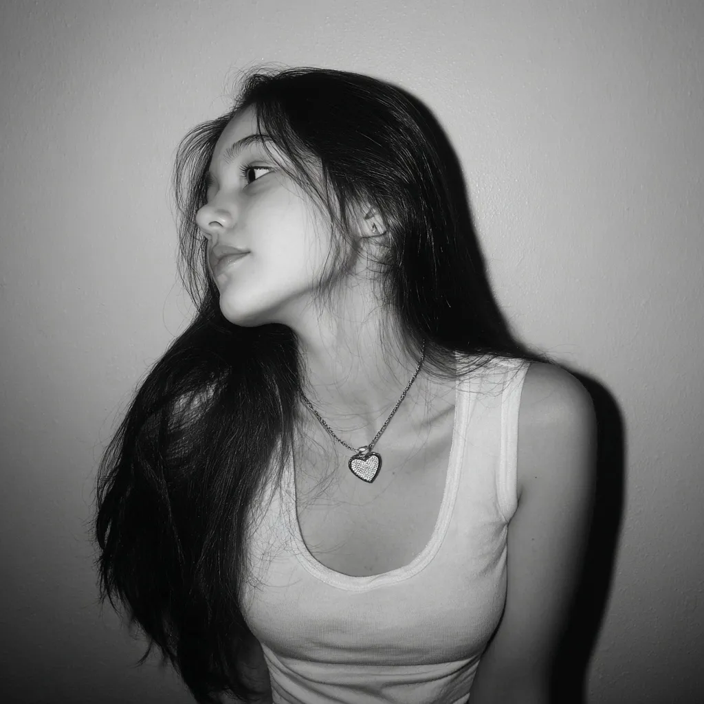 A black and white portrait of a young woman with long, dark hair. She is wearing a simple white tank top and a delicate heart-shaped necklace. Her gaze is directed upward and to the side, giving her a thoughtful or pensive expression. The image has a soft, slightly moody atmosphere. The background is a plain, light-colored wall.