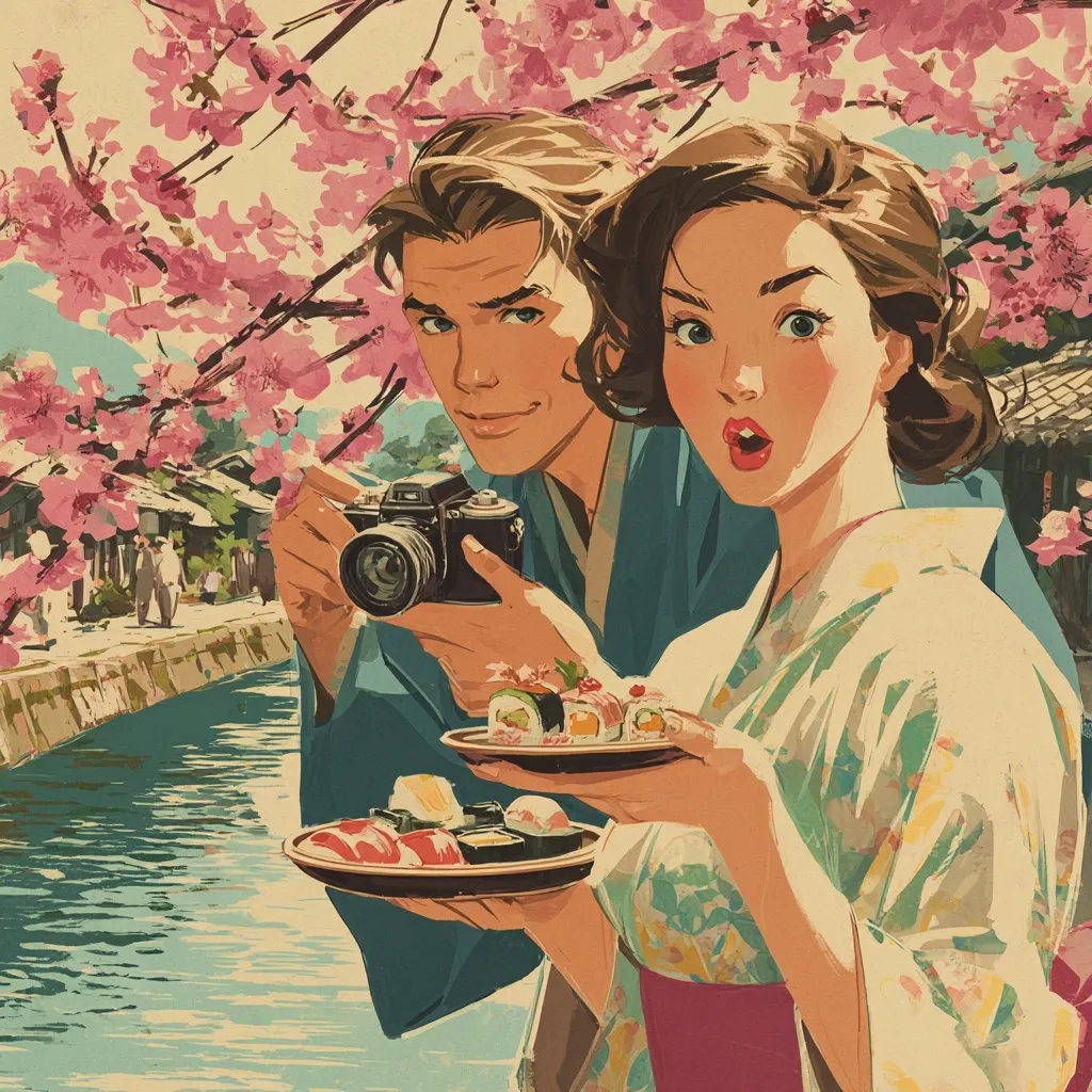 A vintage-style illustration depicts a young couple enjoying a Japanese experience.  The man, in a blue kimono, photographs a picturesque canal scene under blossoming cherry trees.  His companion, a woman in a floral kimono, holds plates of sushi, her expression one of delighted surprise.  The scene is evocative of a romantic travel poster, emphasizing the beauty of Japan and its cuisine.