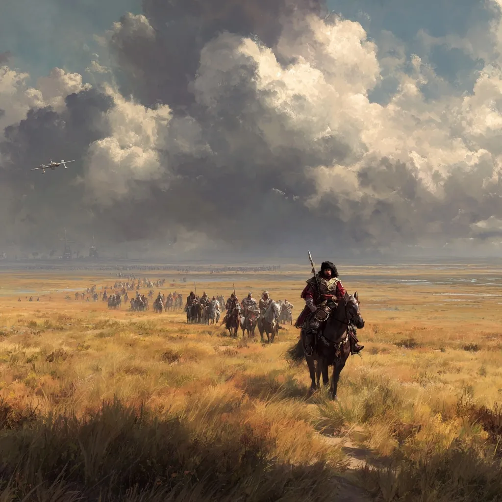 A lone horseman leads a large cavalry across a vast, golden steppe under a dramatic, cloudy sky.  The rider, clad in rich red and fur, holds a spear.  In the distance, a line of horsemen stretches to the horizon, approaching a body of water and distant structures. A small aircraft is visible in the upper left corner, contrasting the historical setting with a modern element. The overall mood is one of epic journey and impending change.