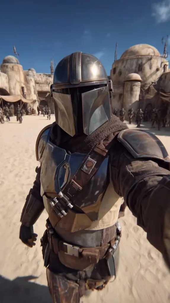 A Mandalorian takes a selfie in a desert town.  He's clad in weathered beskar armor, his helmet obscuring his face.  The background shows a bustling settlement with buildings typical of a Star Wars desert planet.  The scene suggests a moment of respite or observation amidst the daily life of the Mandalorian community.