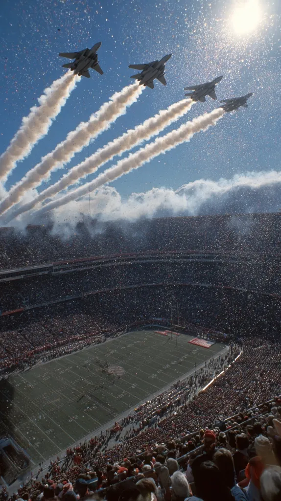 Four fighter jets perform a flyover above a packed football stadium.  White smoke trails stream from their engines against a bright blue sky speckled with confetti. The sun shines brightly, casting a glow. The stadium is full of spectators, creating a dense sea of color.  The scene captures the excitement of a major sporting event.