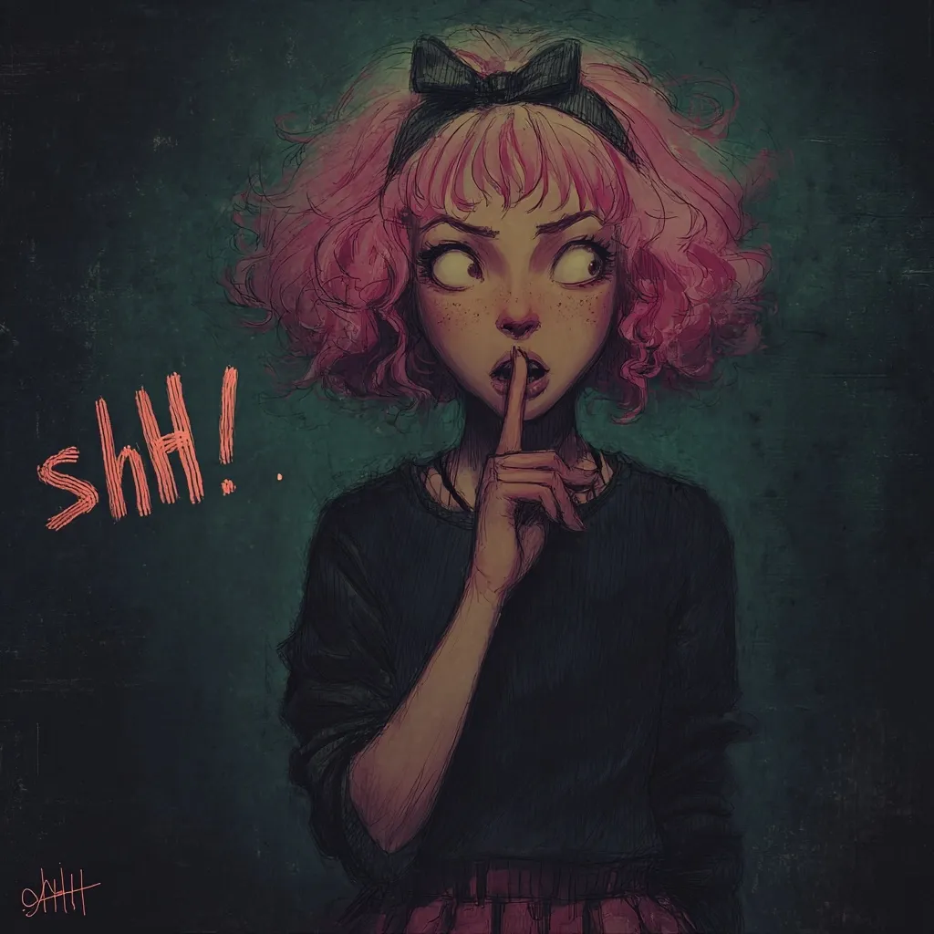 A stylized illustration depicts a girl with short, pink, curly hair and a black headband.  Her finger is pressed to her lips, a "Shh!" appearing nearby.  She has wide eyes and freckles, conveying a sense of secrecy or mystery. The dark background and muted color palette enhance the secretive mood.  The art style is reminiscent of digital painting with visible brushstrokes.