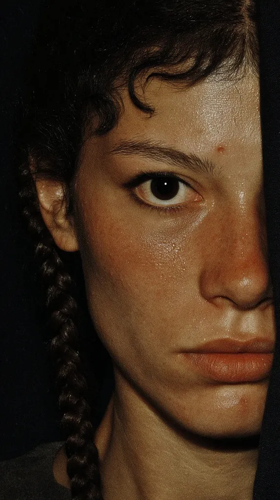 Close-up portrait of a young woman's face, partially obscured by dark clothing.  Her dark hair is styled in braids.  Her expression is serious, almost melancholic. The image is dark and moody, with a focus on texture and the subtle details of her skin.  Her dark eyes are prominent, and her skin appears slightly damp.
