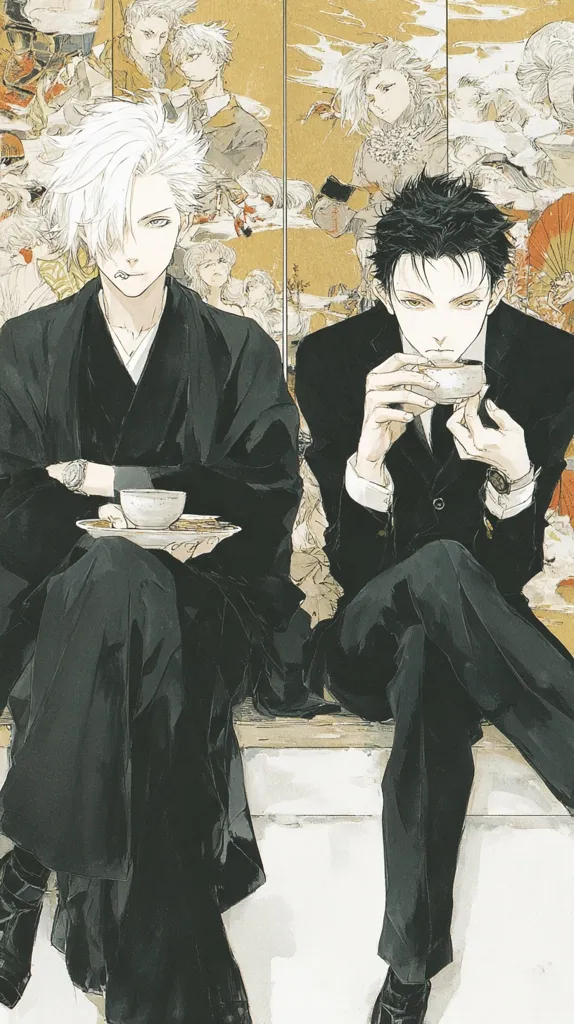 Two anime-style men sit side-by-side, each holding a teacup.  One, with white hair, wears a dark kimono; the other, with dark hair, a dark suit.  They are seated against a backdrop of a traditional Japanese-style painting depicting figures and scenery in muted gold and beige tones.  The image has a soft, painterly quality, with delicate lines and shading.