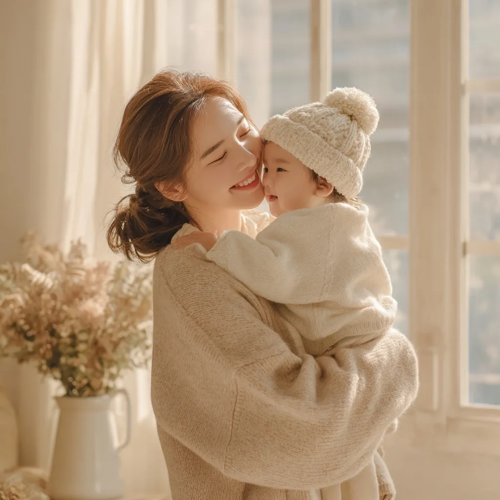 A young woman gently holds her baby close, their faces touching in a tender moment.  Both are dressed in soft, neutral-toned clothing, creating a warm and intimate atmosphere. Sunlight streams through a nearby window, illuminating the scene with a soft, golden glow.  The overall feeling is one of love and peaceful connection between mother and child.