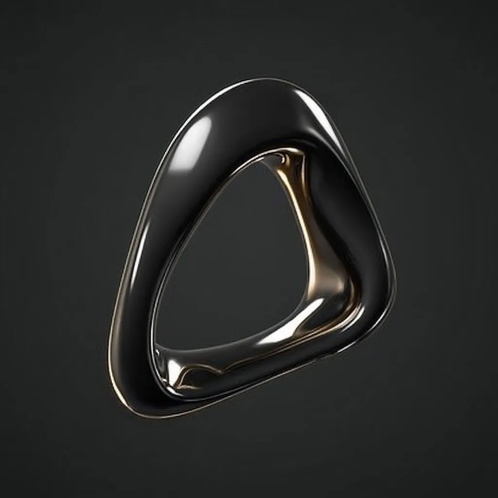 A sleek, abstract sculpture, resembling a stylized triangle or a ring, is presented against a dark gray backdrop.  Its smooth, glossy black surface reflects light, with hints of gold or bronze accentuating the inner curves. The form is organic and flowing, suggesting movement and fluidity. The overall aesthetic is modern and minimalist, emphasizing elegant lines and reflective surfaces.