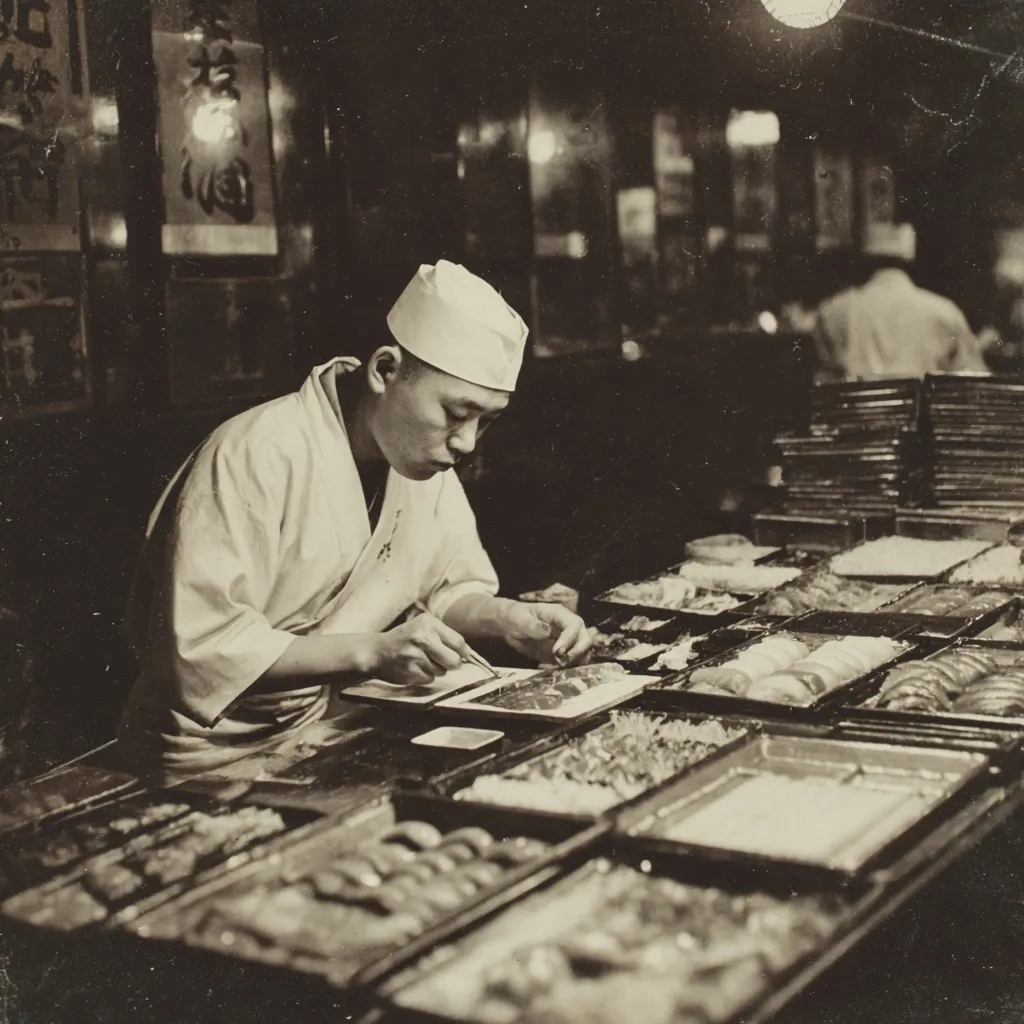 A sepia-toned photograph captures a sushi chef meticulously preparing sushi.  He is dressed in traditional white attire, bent over a counter laden with numerous small, rectangular containers filled with various sushi ingredients. The dimly lit setting, suggestive of a bustling restaurant, adds to the image's historical charm.  The focus is on the chef's hands and his concentrated expression as he works.