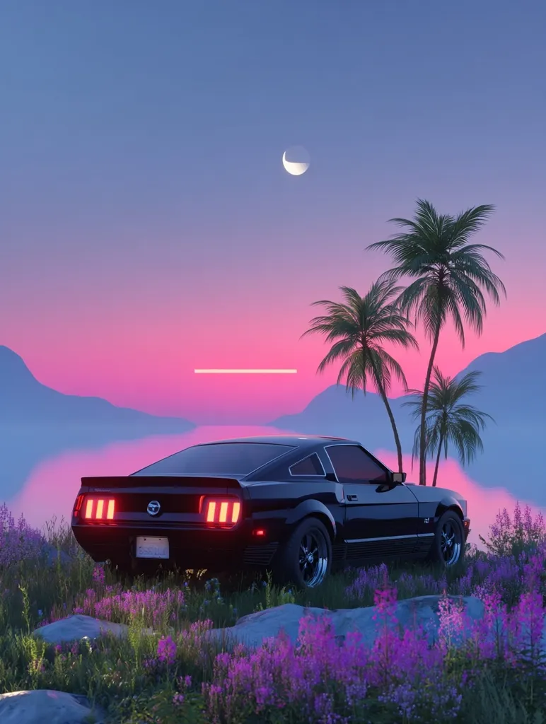 A black classic Ford Mustang sits parked amidst vibrant purple wildflowers, overlooking a serene landscape. Two palm trees sway gently in the background under a pastel sunset sky, adorned with a crescent moon. The scene evokes a feeling of tranquility and nostalgia, with a retro aesthetic emphasized by the car and color palette. The overall mood is calm and dreamlike.