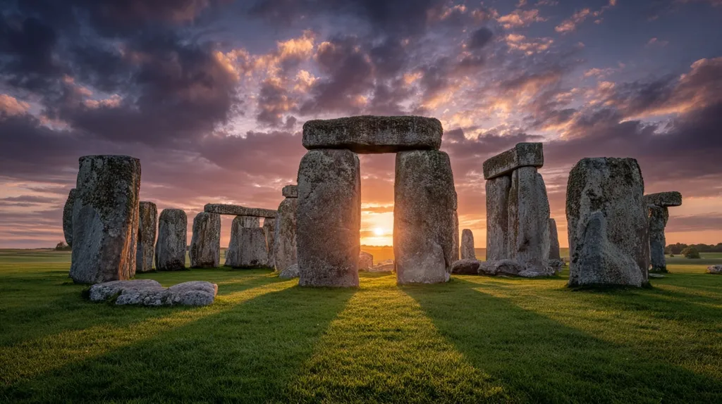 Stonehenge at sunrise.  The ancient stone circle stands silhouetted against a vibrant, colorful sky.  The rising sun shines through the central trilithon, casting long shadows across the short green grass.  The scene evokes a sense of mystery and awe, highlighting the timeless grandeur of this prehistoric monument.