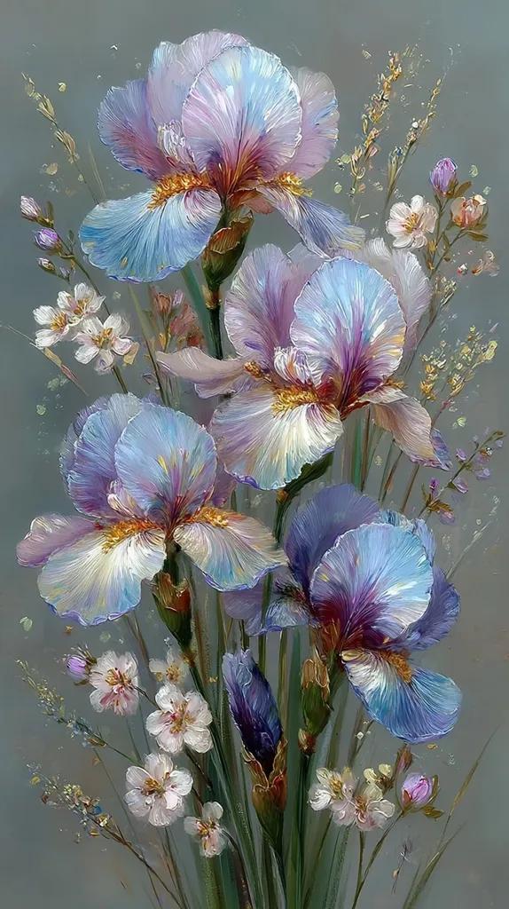 A vibrant oil painting showcases a bouquet of delicate irises in varying shades of blue and purple.  The petals are rendered with visible brushstrokes, highlighting their soft texture.  Smaller white blossoms and slender green stems add depth and contrast to the composition, creating a beautiful and serene floral arrangement against a muted gray background.  The overall style suggests realism with a touch of impressionism.