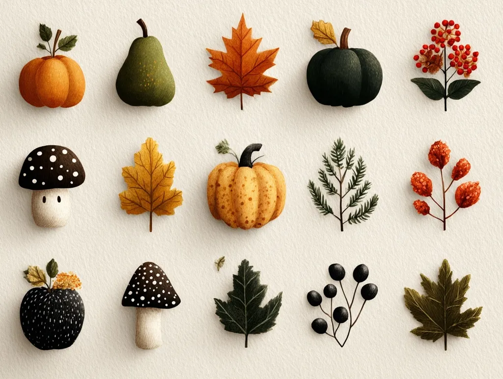 A charming collection of autumnal illustrations features pumpkins in varying shades of orange and green, alongside mushrooms with black polka dots.  Fall leaves in warm yellows and deep greens, berries in clusters of red and black, and small sprigs of greenery complete the set.  The style is whimsical and evokes the cozy feelings of the harvest season.