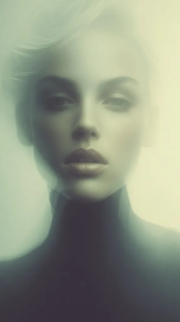A dreamy, ethereal portrait of a woman.  Her face is softly focused, veiled in a misty light, giving an otherworldly feel.  Her hair is subtly visible, framing a delicate face with neutral makeup.  She wears a dark turtleneck, adding to the mysterious and elegant mood of the image. The overall effect is serene and slightly enigmatic.
