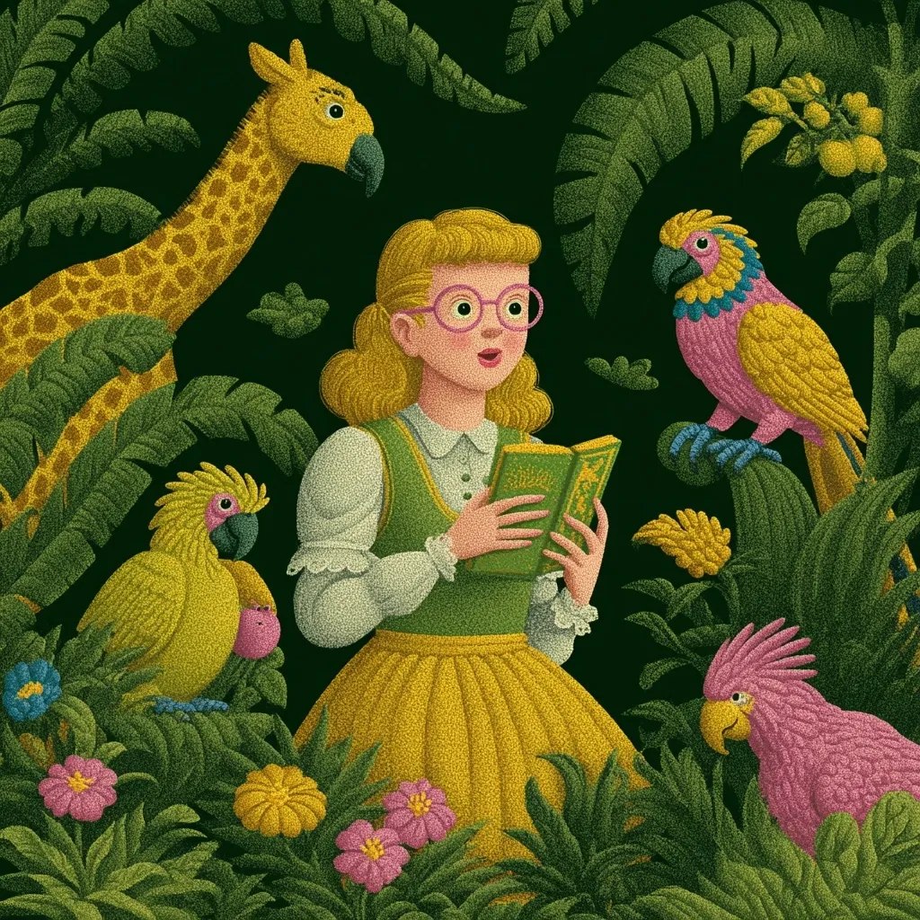 A young girl with blonde hair and glasses stands in a lush jungle, surrounded by vibrant tropical birds and a giraffe.  She holds an open book, seemingly engrossed in reading amidst the exotic wildlife. The illustration style is reminiscent of vintage children's books, employing a stippled texture to create depth and detail in the scene.  The overall mood is calm and enchanting.