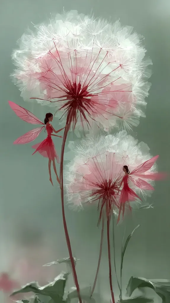 A whimsical painting depicts two tiny fairies with delicate, translucent wings perched on large, pink-tinged dandelion clocks.  The fairies, dressed in rosy gowns, appear to interact with the fluffy seed heads, creating a magical and ethereal scene. The soft color palette and painterly style evoke a sense of gentle fantasy.